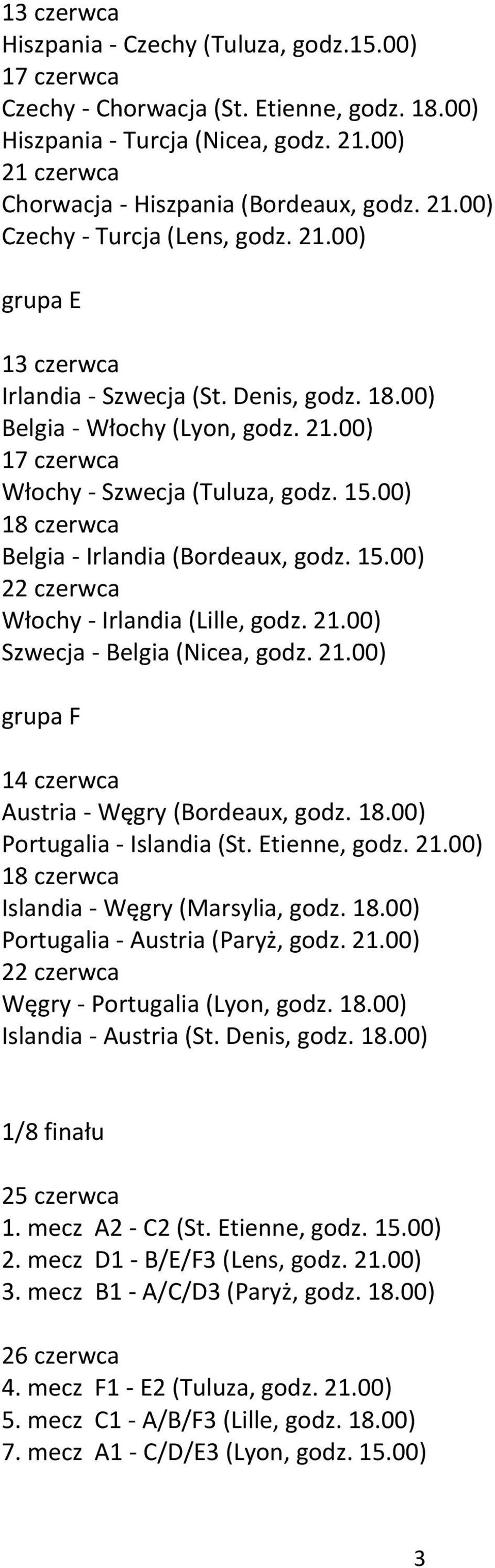 00) 18 czerwca Belgia - Irlandia (Bordeaux, godz. 15.00) 22 czerwca Włochy - Irlandia (Lille, godz. 21.00) Szwecja - Belgia (Nicea, godz. 21.00) grupa F 14 czerwca Austria - Węgry (Bordeaux, godz. 18.00) Portugalia - Islandia (St.