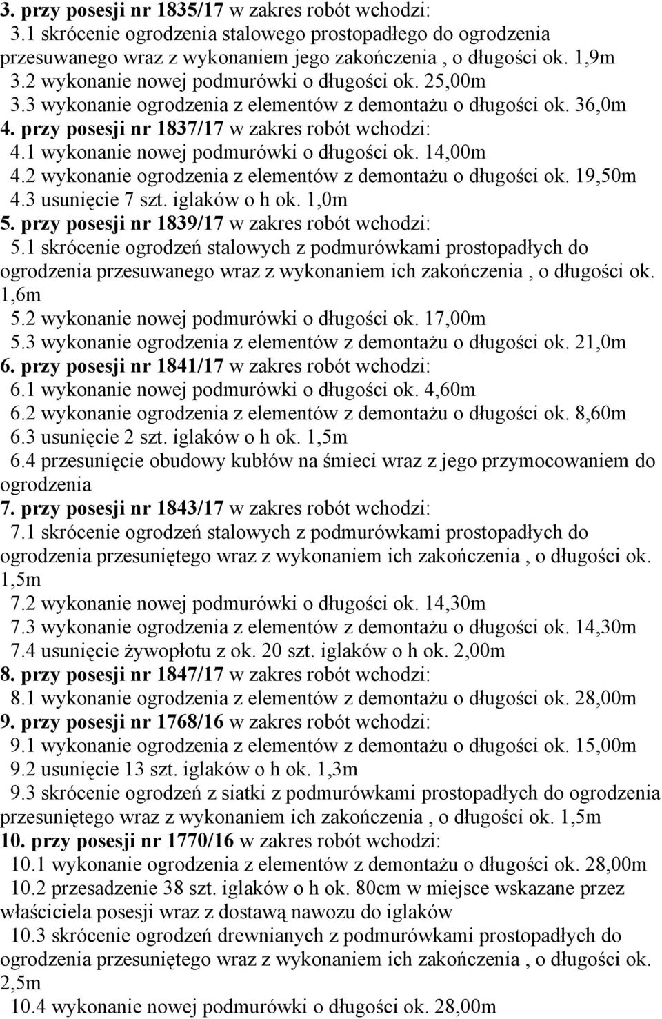 1 wykonanie nowej podmurówki o długości ok. 14,00m 4.2 wykonanie ogrodzenia z elementów z demontażu o długości ok. 19,50m 4.3 usunięcie 7 szt. iglaków o h ok. 1,0m 5.