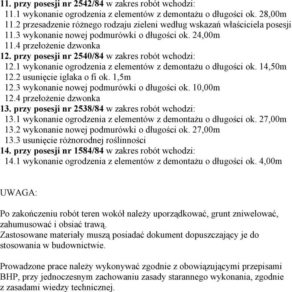 przy posesji nr 2540/84 w zakres robót wchodzi: 12.1 wykonanie ogrodzenia z elementów z demontażu o długości ok. 14,50m 12.2 usunięcie iglaka o fi ok. 1,5m 12.