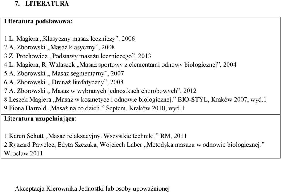 Leszek Magiera Masaż w kosmetyce i odnowie biologicznej. BIO-STYL, Kraków 2007, wyd.1 9.Fiona Harrold Masaż na co dzień. Septem, Kraków 2010, wyd.1 Literatura uzupełniająca: 1.