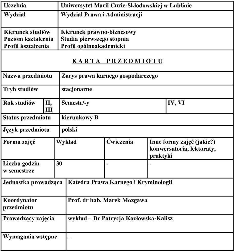 karnego stacjonarne Semestr/-y kierunkowy B polski IV, VI Forma zajęć Wykład Ćwiczenia Inne formy zajęć (jakie?