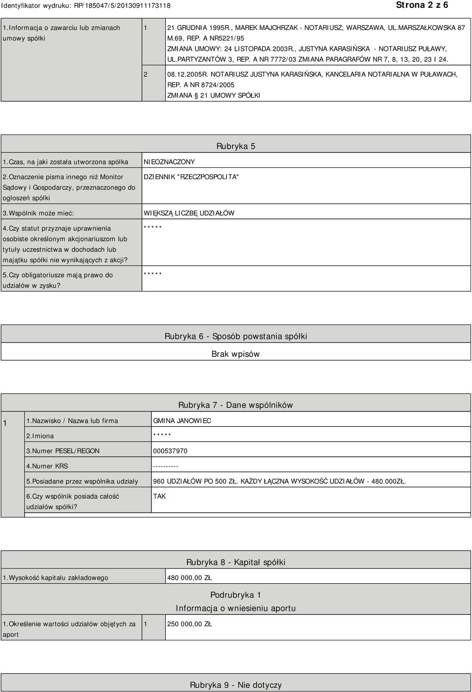 NOTARIUSZ JUSTYNA KARASIŃSKA, KANCELARIA NOTARIALNA W PUŁAWACH, REP. A NR 8724/2005 ZMIANA 21 UMOWY SPÓŁKI Rubryka 5 1.Czas, na jaki została utworzona spółka 2.