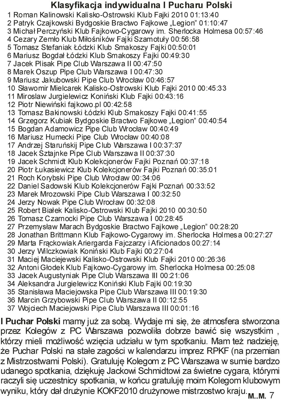 Sherlocka Holmesa 00:57:46 4 Cezary Zemło Klub Miłośników Fajki Szamotuły 00:56:58 5 Tomasz Stefaniak Łódzki Klub Smakoszy Fajki 00:50:01 6 Mariusz Bogdał Łódzki Klub Smakoszy Fajki 00:49:30 7 Jacek