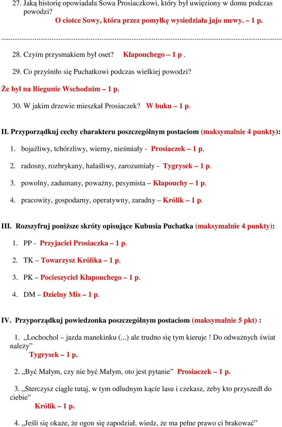 Przyporządkuj cechy charakteru poszczególnym postaciom (maksymalnie 4 punkty): 1. bojaźliwy, tchórzliwy, wierny, nieśmiały - Prosiaczek 1 p. 2.