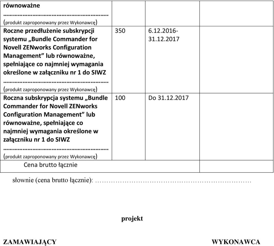 ZENworks Configuration Management lub, spełniające co załączniku nr 1 do SIWZ Cena