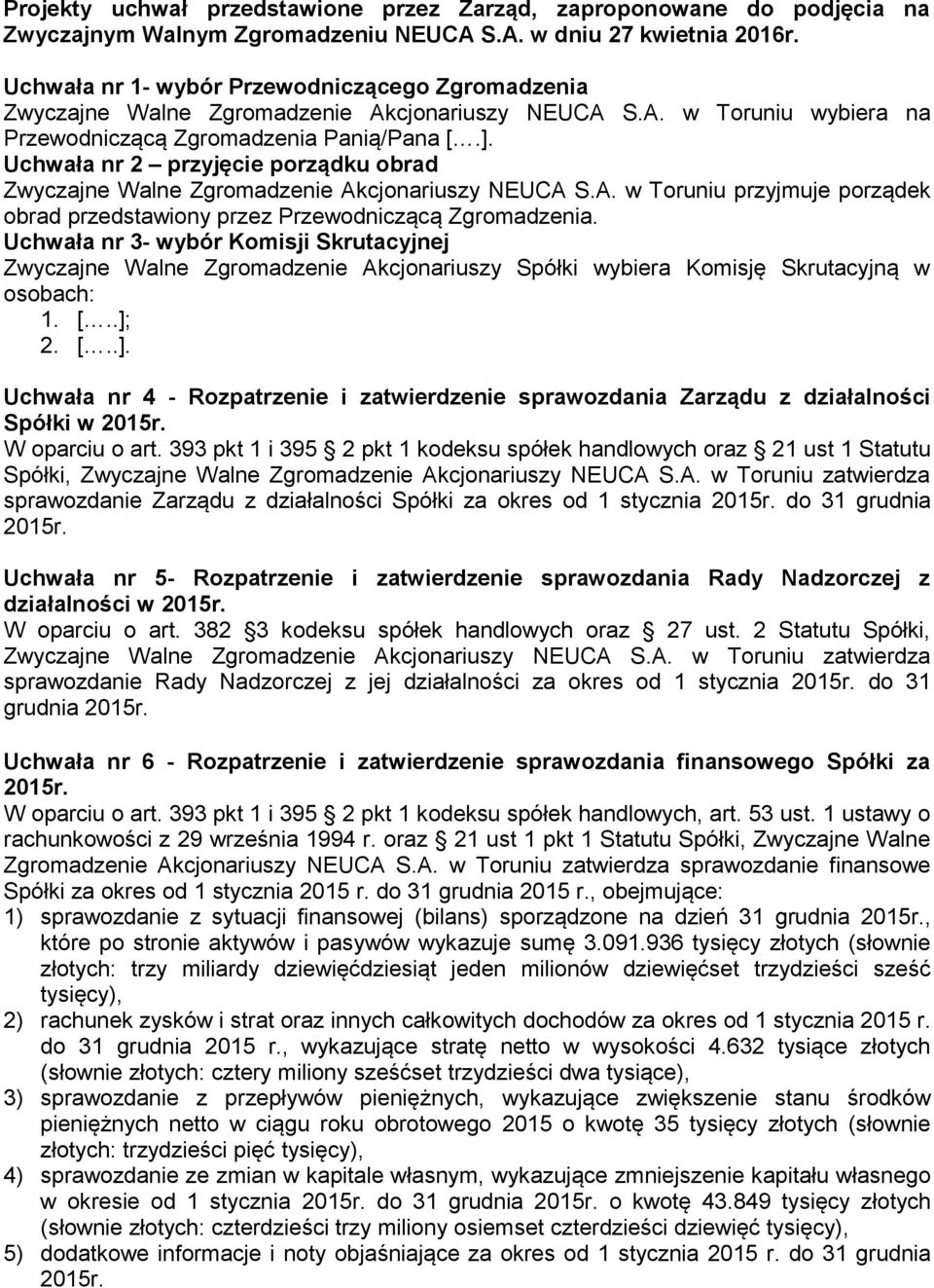 Uchwała nr 2 przyjęcie porządku obrad Zwyczajne Walne Zgromadzenie Akcjonariuszy NEUCA S.A. w Toruniu przyjmuje porządek obrad przedstawiony przez Przewodniczącą Zgromadzenia.