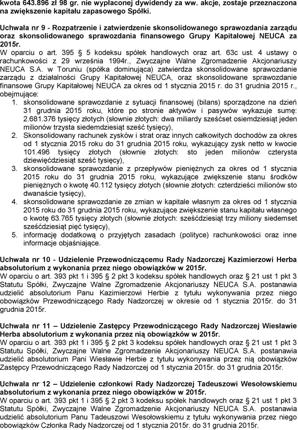 395 5 kodeksu spółek handlowych oraz art. 63c ust. 4 ustawy o rachunkowości z 29 września 1994r., Zwyczajne Walne Zgromadzenie Ak