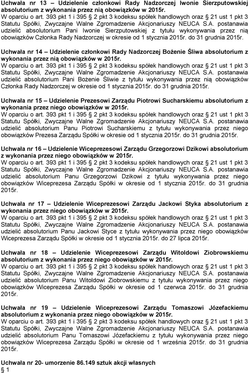 absolutorium Pani Bożenie Śliwie z tytułu wykonywania przez nią obowiązków Członka Rady Nadzorczej w okresie od 1 stycznia do 31 grudnia Uchwała nr 15 Udzielenie Prezesowi Zarządu Piotrowi