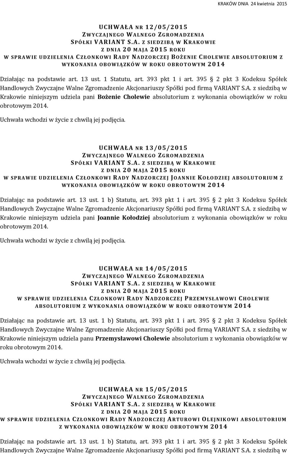 395 2 pkt 3 Kodeksu Spółek Krakowie niniejszym udziela pani Bożenie Cholewie absolutorium z wykonania obowiązków w roku obrotowym 2014.