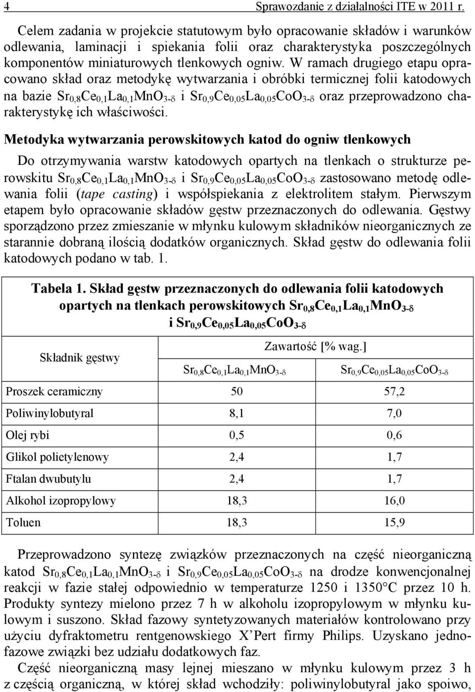 W ramach drugiego etapu opracowano skład oraz metodykę wytwarzania i obróbki termicznej folii katodowych na bazie Sr 0,8 Ce 0,1 La 0,1 MnO 3-δ i Sr 0,9 Ce 0,05 La 0,05 CoO 3-δ oraz przeprowadzono