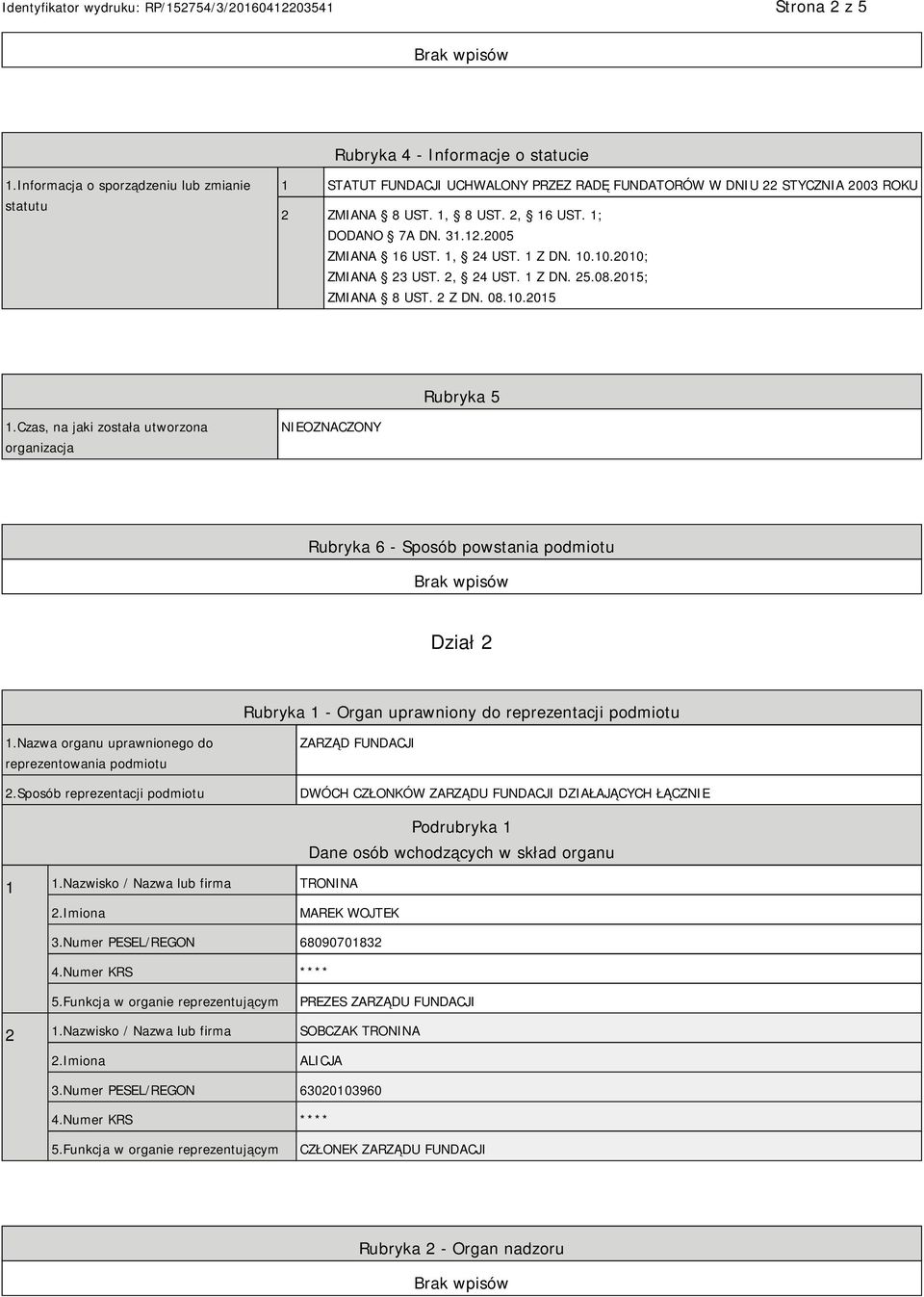 Czas, na jaki została utworzona organizacja NIEOZNACZONY Rubryka 6 - Sposób powstania podmiotu Dział 2 Rubryka 1 - Organ uprawniony do reprezentacji podmiotu 1.
