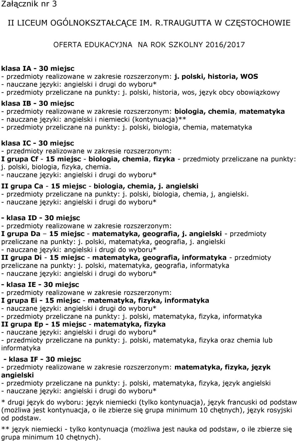 polski, historia, wos, język obcy obowiązkowy klasa IB - 30 miejsc - przedmioty realizowane w zakresie rozszerzonym: biologia, chemia, matematyka - nauczane języki: angielski i niemiecki