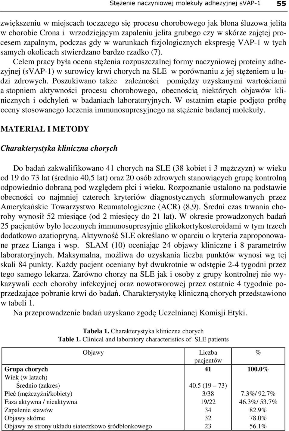 Celem pracy była ocena stężenia rozpuszczalnej formy naczyniowej proteiny adhezyjnej (svap-1) w surowicy krwi chorych na SLE w porównaniu z jej stężeniem u ludzi zdrowych.