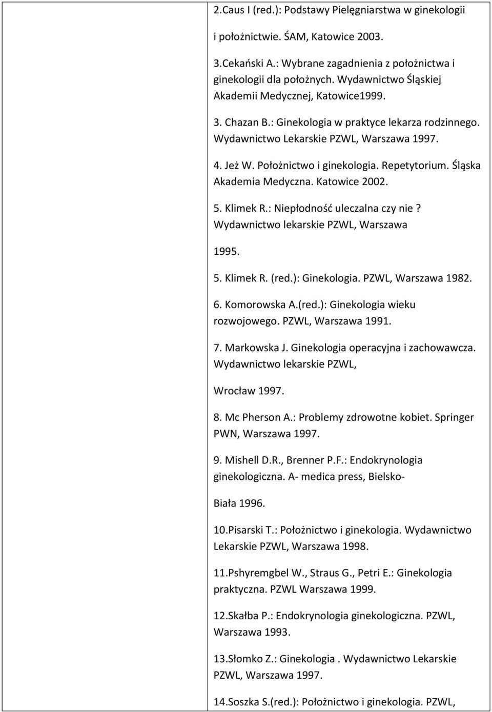 Repetytorium. Śląska Akademia Medyczna. Katowice 2002. 5. Klimek R.: Niepłodność uleczalna czy nie? Wydawnictwo lekarskie PZWL, Warszawa 1995. 5. Klimek R. (red.): Ginekologia. PZWL, Warszawa 1982. 6.