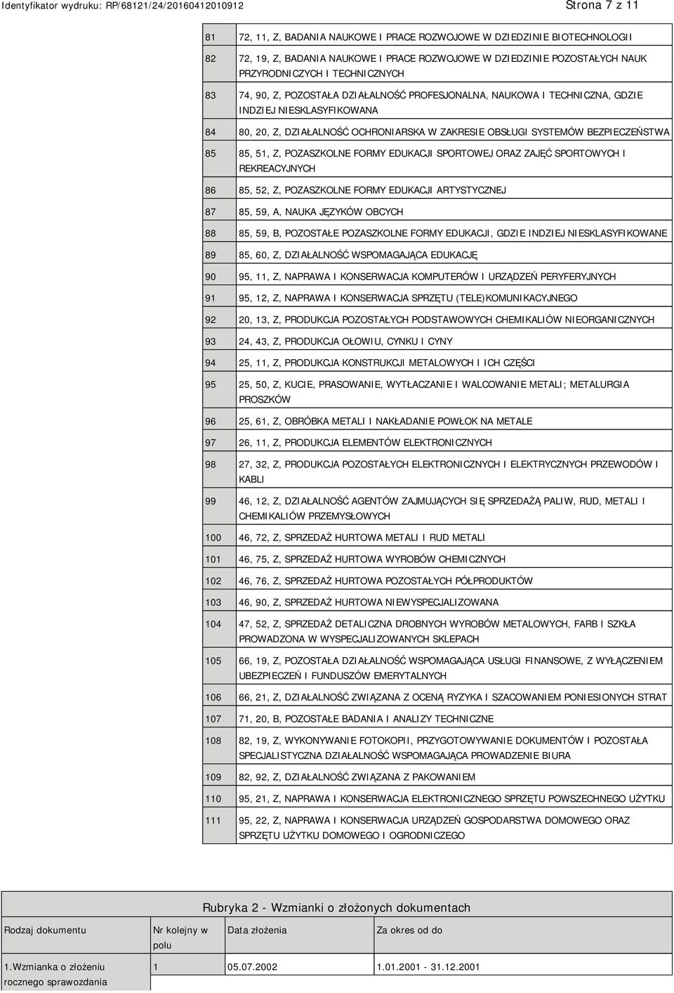 Z, POZASZKOLNE FORMY EDUKACJI SPORTOWEJ ORAZ ZAJĘĆ SPORTOWYCH I REKREACYJNYCH 86 85, 52, Z, POZASZKOLNE FORMY EDUKACJI ARTYSTYCZNEJ 87 85, 59, A, NAUKA JĘZYKÓW OBCYCH 88 85, 59, B, POZOSTAŁE