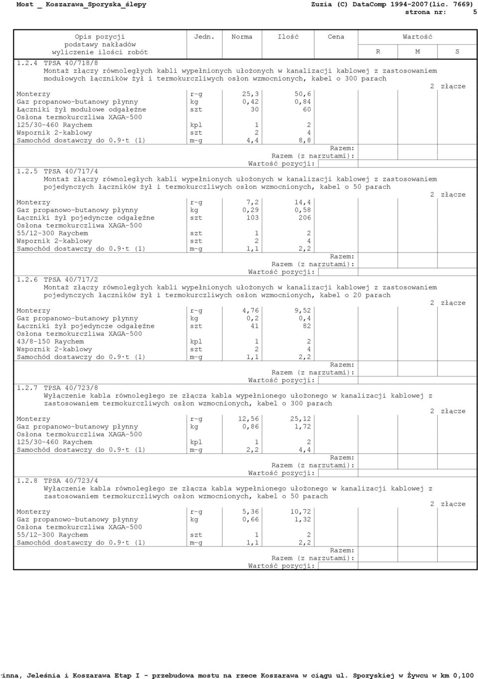 złącze Monterzy r-g 25,3 50,6 Gaz propanowo-butanowy płynny kg 0,42 0,84 Łączniki żył modułowe odgałęźne szt 30 60 Osłona termokurczliwa XAGA-500 125/30-460 Raychem kpl 1 2 Wspornik 2-kablowy szt 2 4