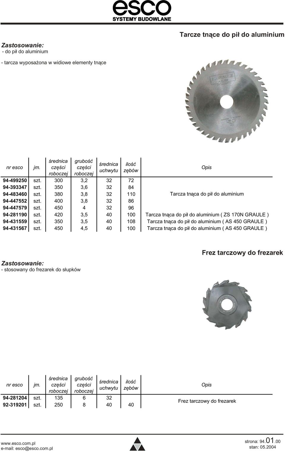 420 3,5 40 100 Tarcza tn¹ca do pi³ do aluminium ( ZS 170N GRAULE ) 94-431559 szt. 350 3,5 40 108 Tarcza tn¹ca do pi³ do aluminium ( AS 450 GRAULE ) 94-431567 szt.