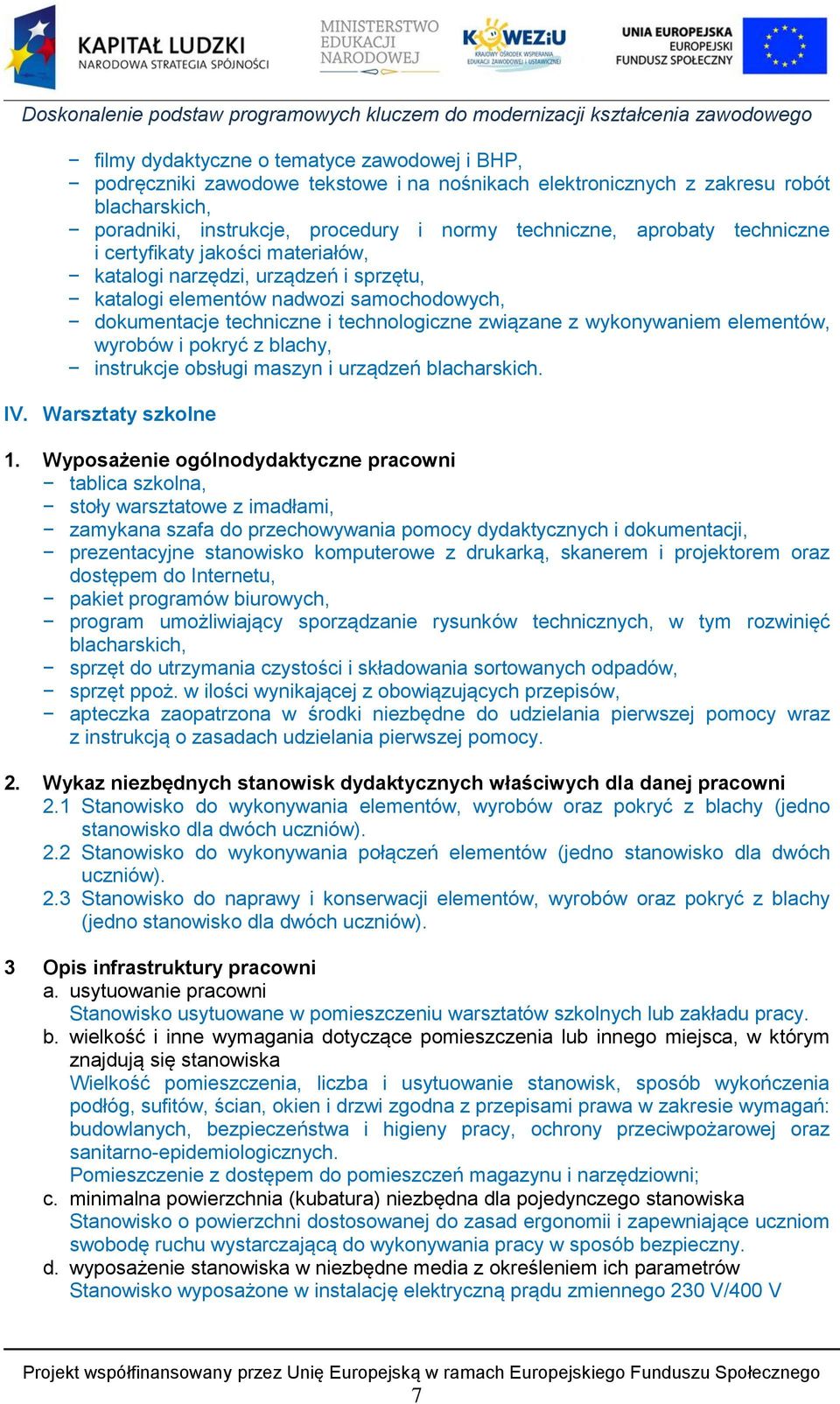 elementów, wyrobów i pokryć z blachy, instrukcje obsługi maszyn i urządzeń blacharskich. IV. Warsztaty szkolne 1.