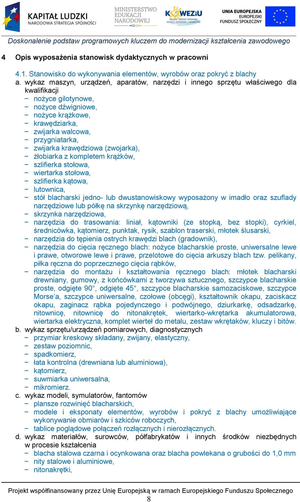 krawędziowa (zwojarka), żłobiarka z kompletem krążków, szlifierka stołowa, wiertarka stołowa, szlifierka kątowa, lutownica, stół blacharski jedno- lub dwustanowiskowy wyposażony w imadło oraz