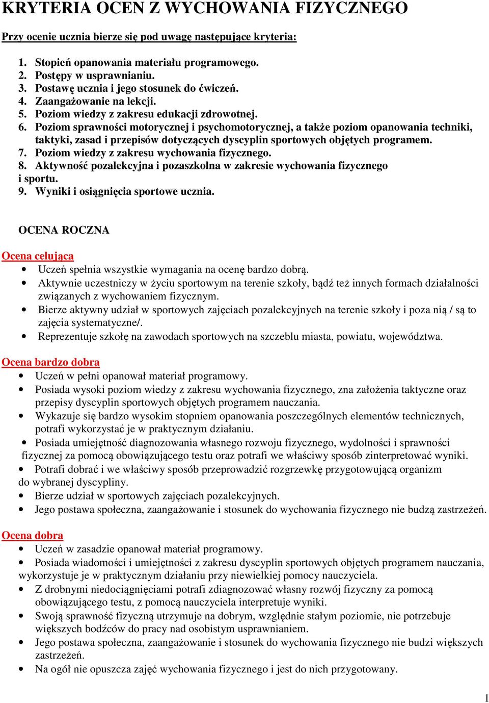Poziom sprawności motorycznej i psychomotorycznej, a także poziom opanowania techniki, taktyki, zasad i przepisów dotyczących dyscyplin sportowych objętych programem. 7.