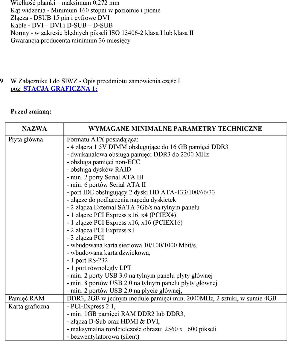 STACJA GRAFICZNA 1: NAZWA WYMAGANE MINIMALNE PARAMETRY TECHNICZNE - obsługa pamięci non-ecc - złącze do podłączenia napędu dyskietek - 1 złącze PCI Express x16, x4 (PCIEX4) - 1 złącze PCI Express