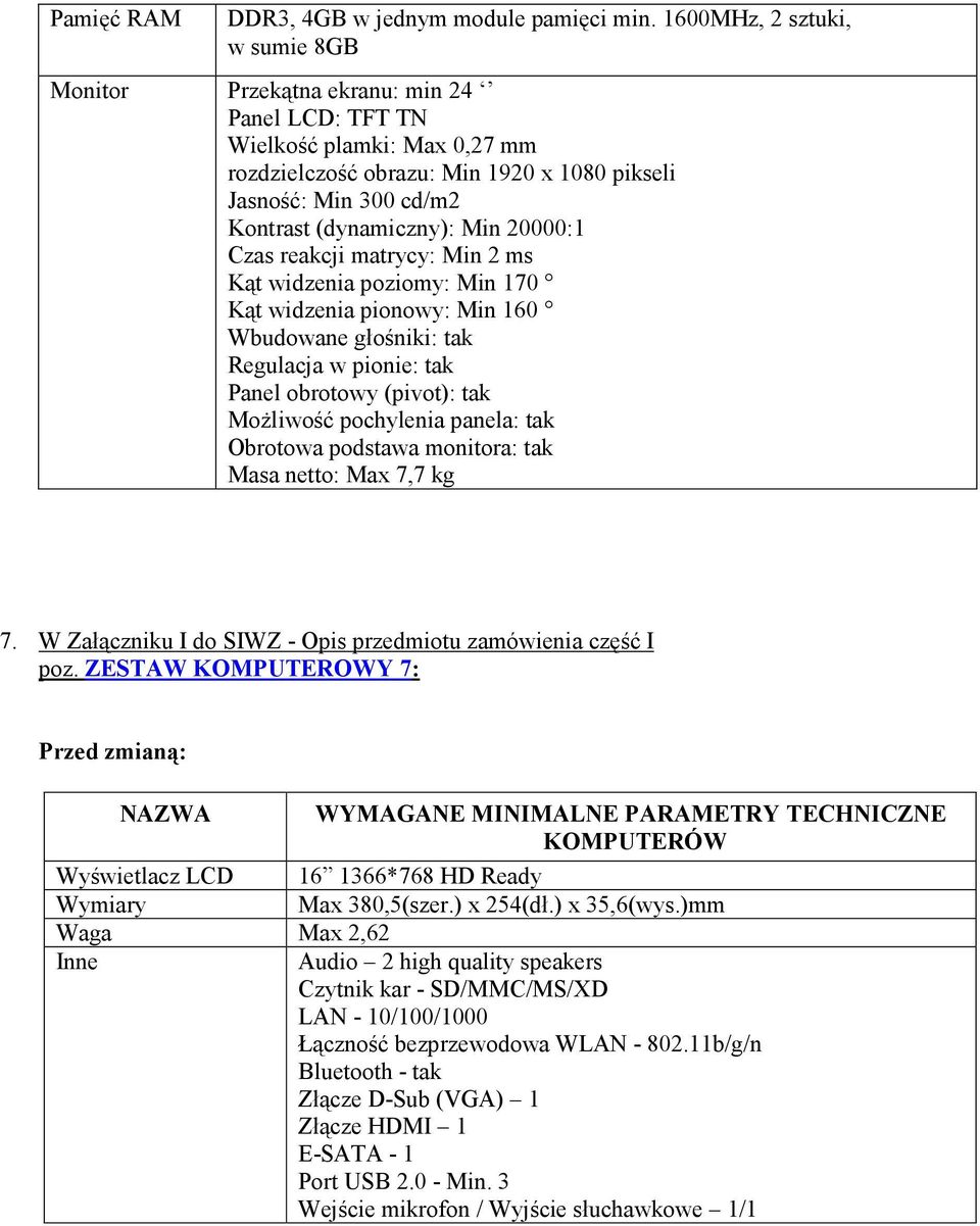 20000:1 Czas reakcji matrycy: Min 2 ms Kąt widzenia poziomy: Min 170 Kąt widzenia pionowy: Min 160 Wbudowane głośniki: tak Regulacja w pionie: tak Panel obrotowy (pivot): tak MoŜliwość pochylenia