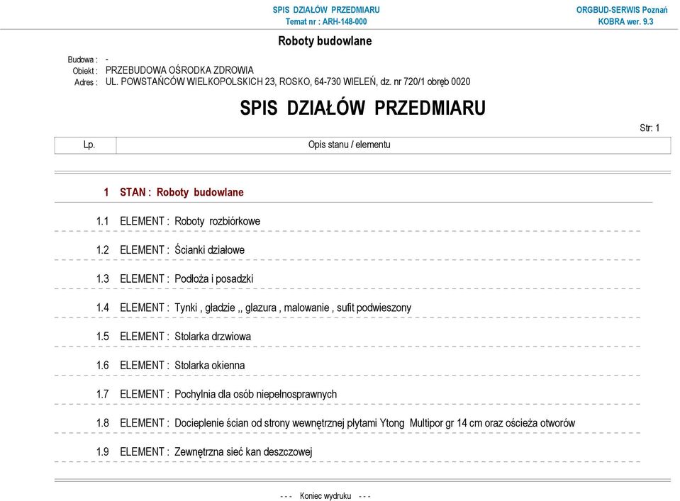4 ELEMENT : Tynki, gładzie,, glazura, malowanie, sufit podwieszony 1.5 ELEMENT : Stolarka drzwiowa 1.6 ELEMENT : Stolarka okienna 1.