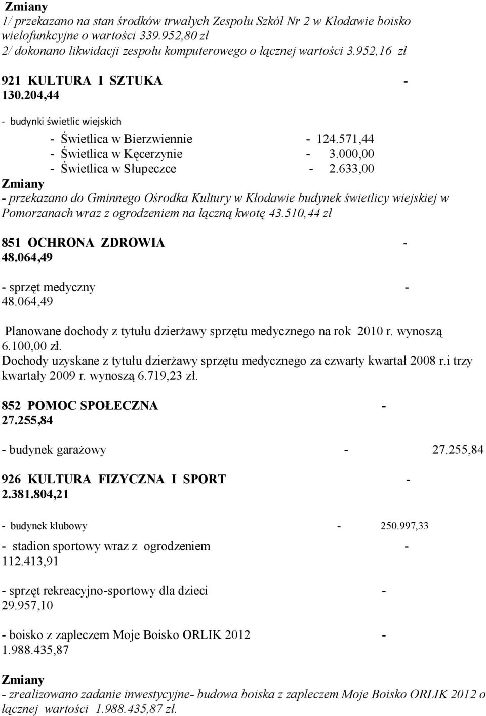 633,00 - przekazano do Gminnego Ośrodka Kultury w Kłodawie budynek świetlicy wiejskiej w Pomorzanach wraz z ogrodzeniem na łączną kwotę 43.510,44 zł 851 OCHRONA ZDROWIA - 48.