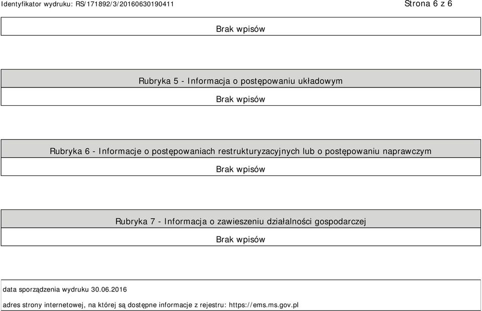 Informacja o zawieszeniu działalności gospodarczej data sporządzenia wydruku 30.06.