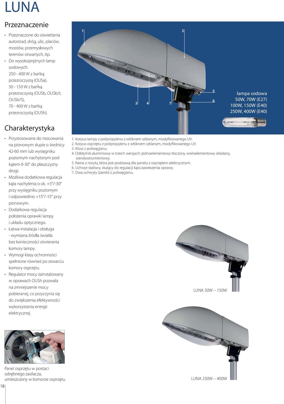 1 3 4 7 2 5 6 lampa sodowa 50W, 70W (E27), 150W (E40) 250W, W (E40) Charakterystyka Przystosowane do mocowania na pionowym słupie o średnicy 42-60 mm lub wysięgniku poziomym nachylonym pod kątem 0-30