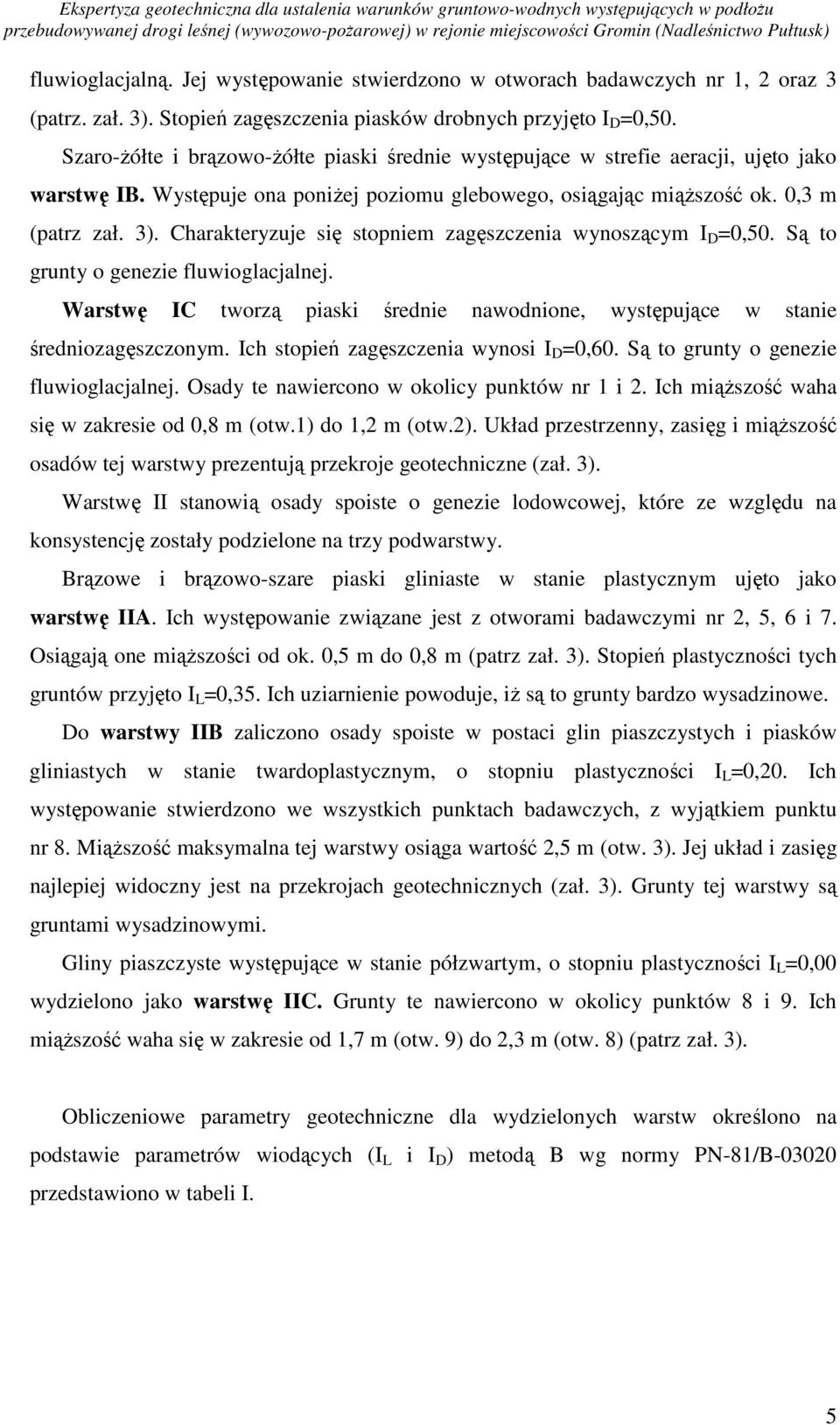 Charakteryzuje się stopniem zagęszczenia wynoszącym I D =0,50. Są to grunty o genezie fluwioglacjalnej. Warstwę IC tworzą piaski średnie nawodnione, występujące w stanie średniozagęszczonym.