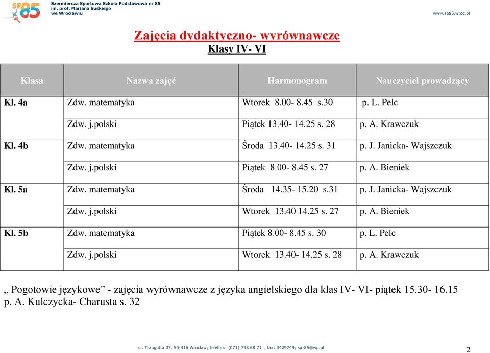 5a Zdw. matematyka Środa 14.35-15.20 s.31 p. J. Janicka- Wajszczuk Zdw. j.polski Wtorek 13.40 14.25 s. 27 p. A. Bieniek Kl. 5b Zdw. matematyka Piątek 8.00-8.45 s. 30 p. L.