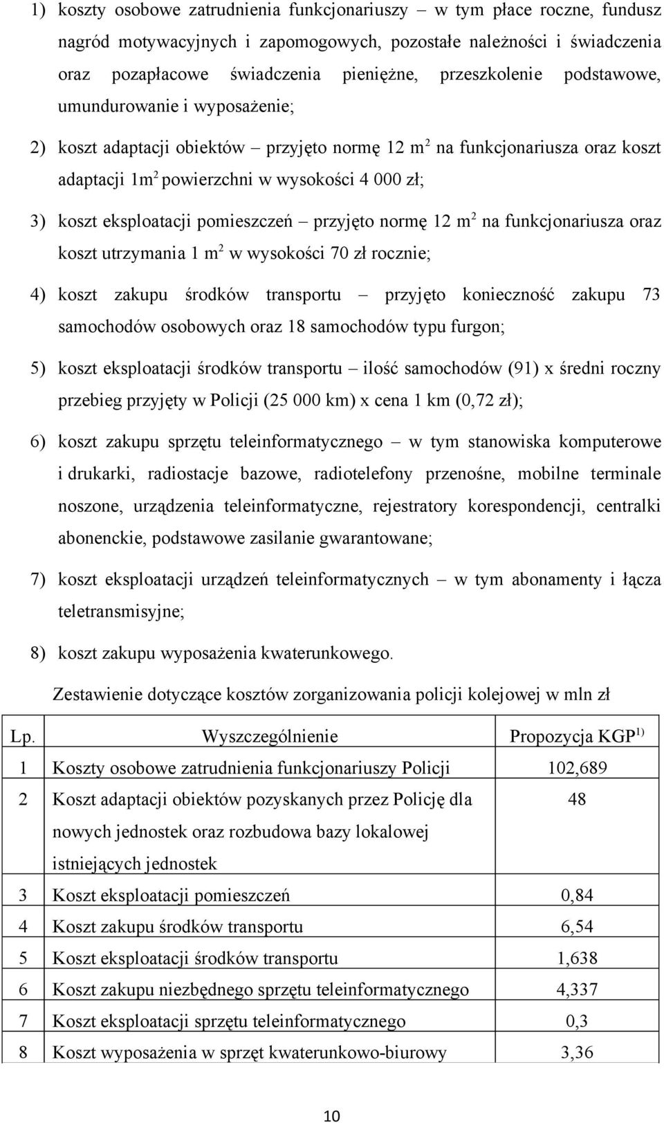 eksploatacji pomieszczeń przyjęto normę 12 m 2 na funkcjonariusza oraz koszt utrzymania 1 m 2 w wysokości 70 zł rocznie; 4) koszt zakupu środków transportu przyjęto konieczność zakupu 73 samochodów