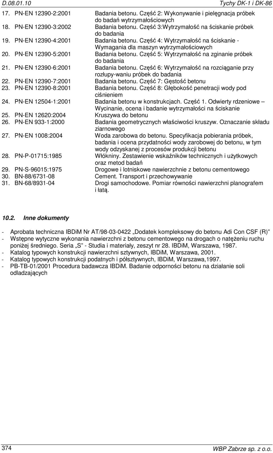PN-EN 12390-5:2001 Badania betonu. Część 5: Wytrzymałość na zginanie próbek do badania 21. PN-EN 12390-6:2001 Badania betonu.
