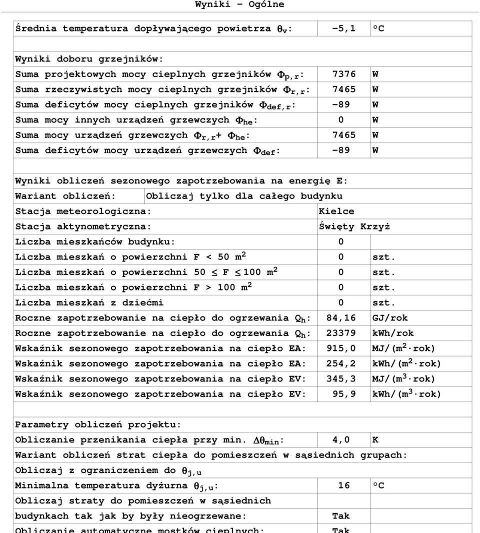 mocy urządzeń grzewczych Φ def : -89 W Wyniki obliczeń sezonowego zapotrzebowania na energię E: Wariant obliczeń: Obliczaj tylko dla całego budynku Stacja meteorologiczna: Kielce Stacja