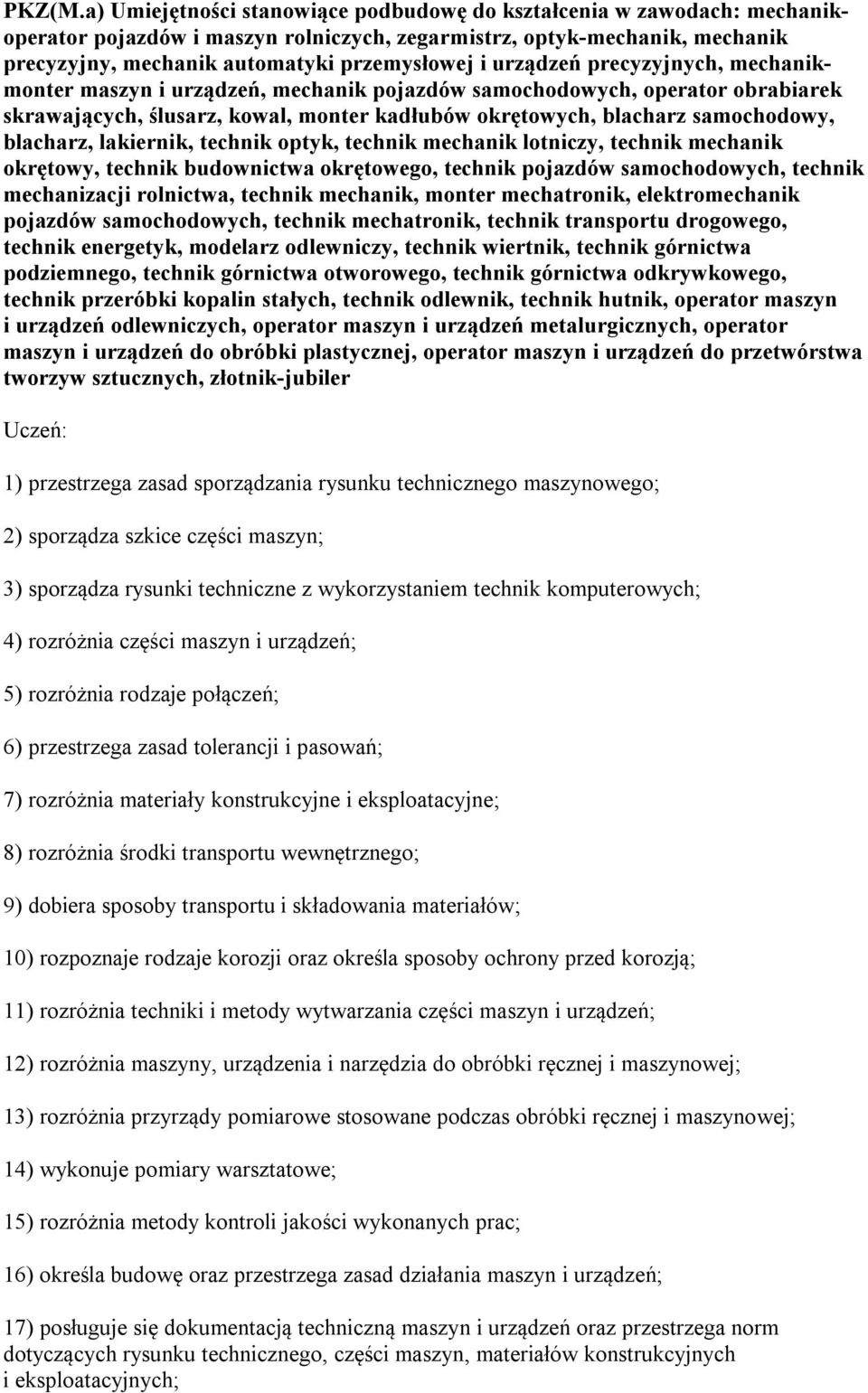 urządzeń precyzyjnych, mechanikmonter maszyn i urządzeń, mechanik pojazdów samochodowych, operator obrabiarek skrawających, ślusarz, kowal, monter kadłubów okrętowych, blacharz samochodowy, blacharz,
