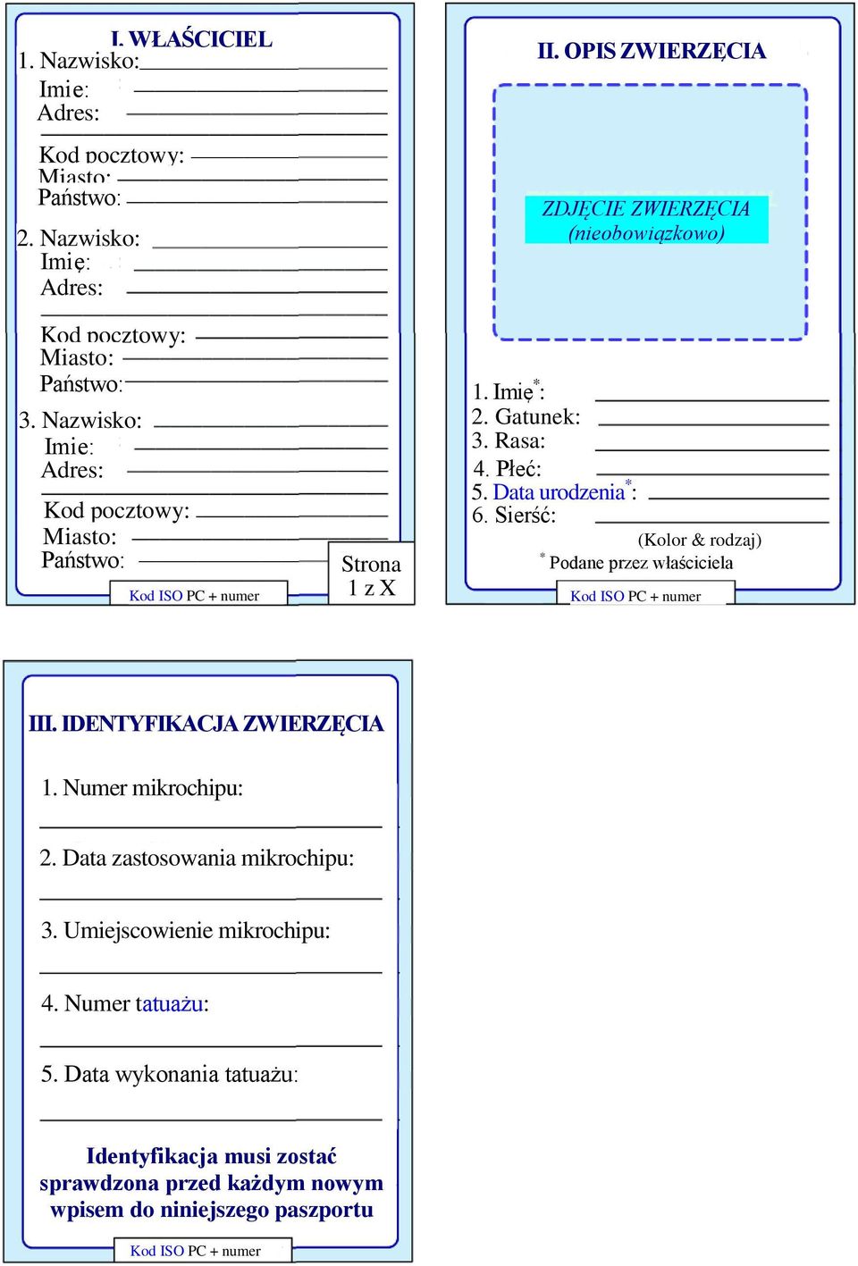 Data urodzenia * : Kod pocztowy: 6. Sierść: Miasto: Państwo: Strona 1 z X (Kolor & rodzaj) * Podane przez właściciela III. IDENTYFIKACJA ZWIERZĘCIA 1.