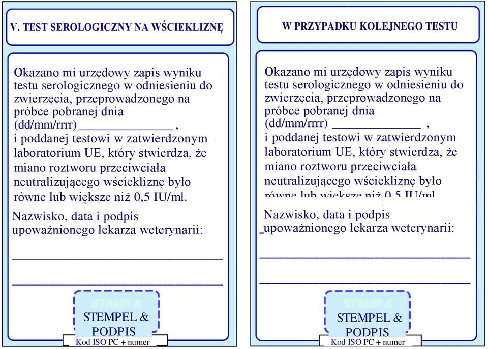 Nazwisko, data i podpis upoważnionego lekarza weterynarii: Okazano mi urzędowy zapis wyniku testu serologicznego w odniesieniu do zwierzęcia, przeprowadzonego na próbce pobranej dnia  Nazwisko, data