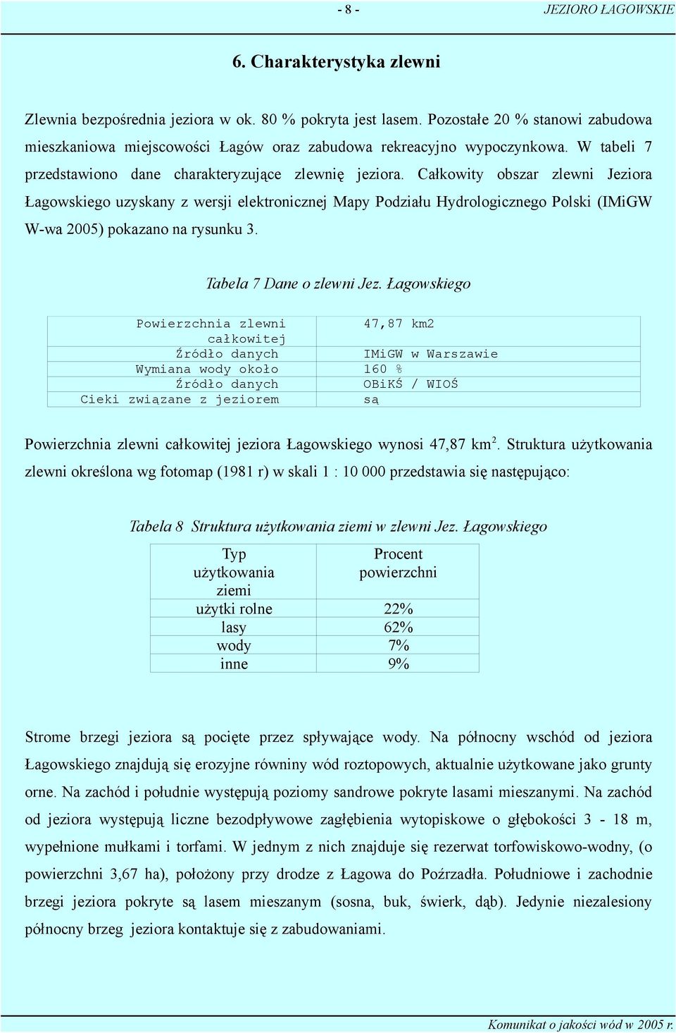 Całkowity obszar zlewni Jeziora Łagowskiego uzyskany z wersji elektronicznej Mapy Podziału Hydrologicznego Polski (IMiGW W-wa 2005) pokazano na rysunku 3. Tabela 7 Dane o zlewni Jez.