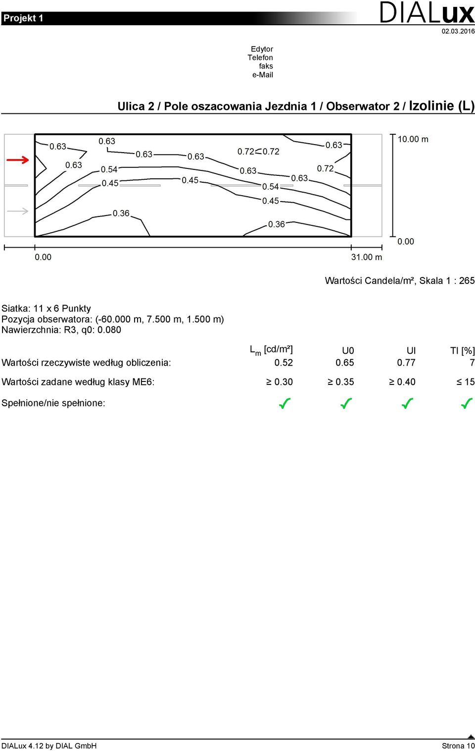 500 m) [cd/m²] U0 Ul TI [%] Wartości rzeczywiste według obliczenia: 0.52 0.65 0.