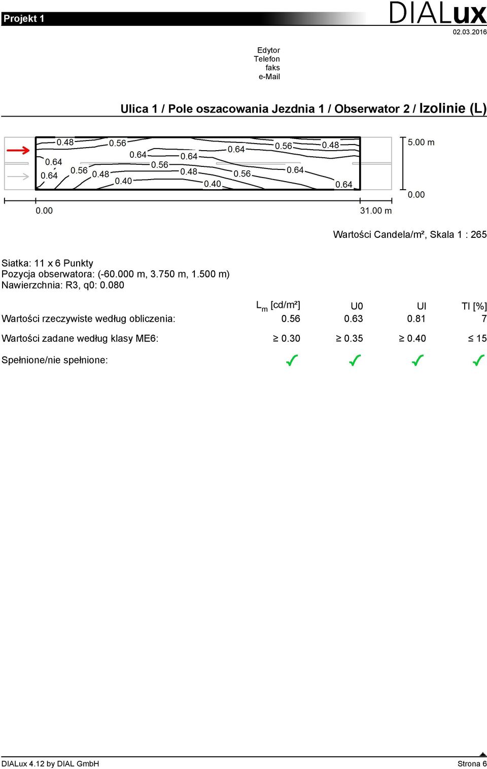 500 m) [cd/m²] U0 Ul TI [%] Wartości rzeczywiste według obliczenia: 0.56 0.