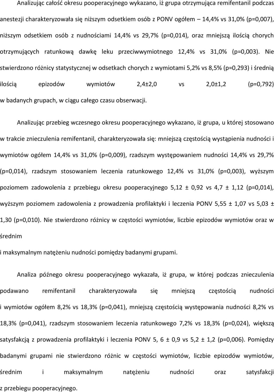Nie stwierdzono różnicy statystycznej w odsetkach chorych z wymiotami 5,2% vs 8,5% (p=0,293) i średnią ilością epizodów wymiotów 2,4±2,0 vs 2,0±1,2 (p=0,792) w badanych grupach, w ciągu całego czasu