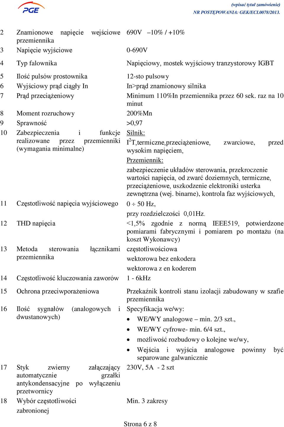 raz na 10 minut 8 Moment rozruchowy 200%Mn 9 Sprawność >0,97 10 Zabezpieczenia i funkcje realizowane przez przemienniki (wymagania minimalne) Silnik: I 2 T,termiczne,przeciążeniowe, zwarciowe, przed