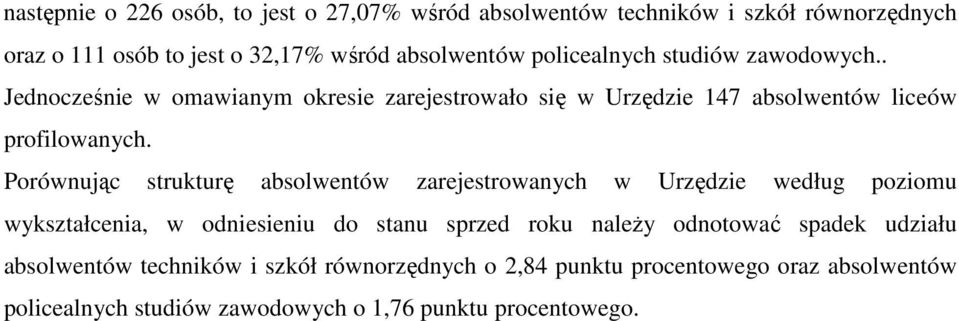 Porównując strukturę absolwentów zarejestrowanych w Urzędzie według poziomu wykształcenia, w odniesieniu do stanu sprzed roku należy