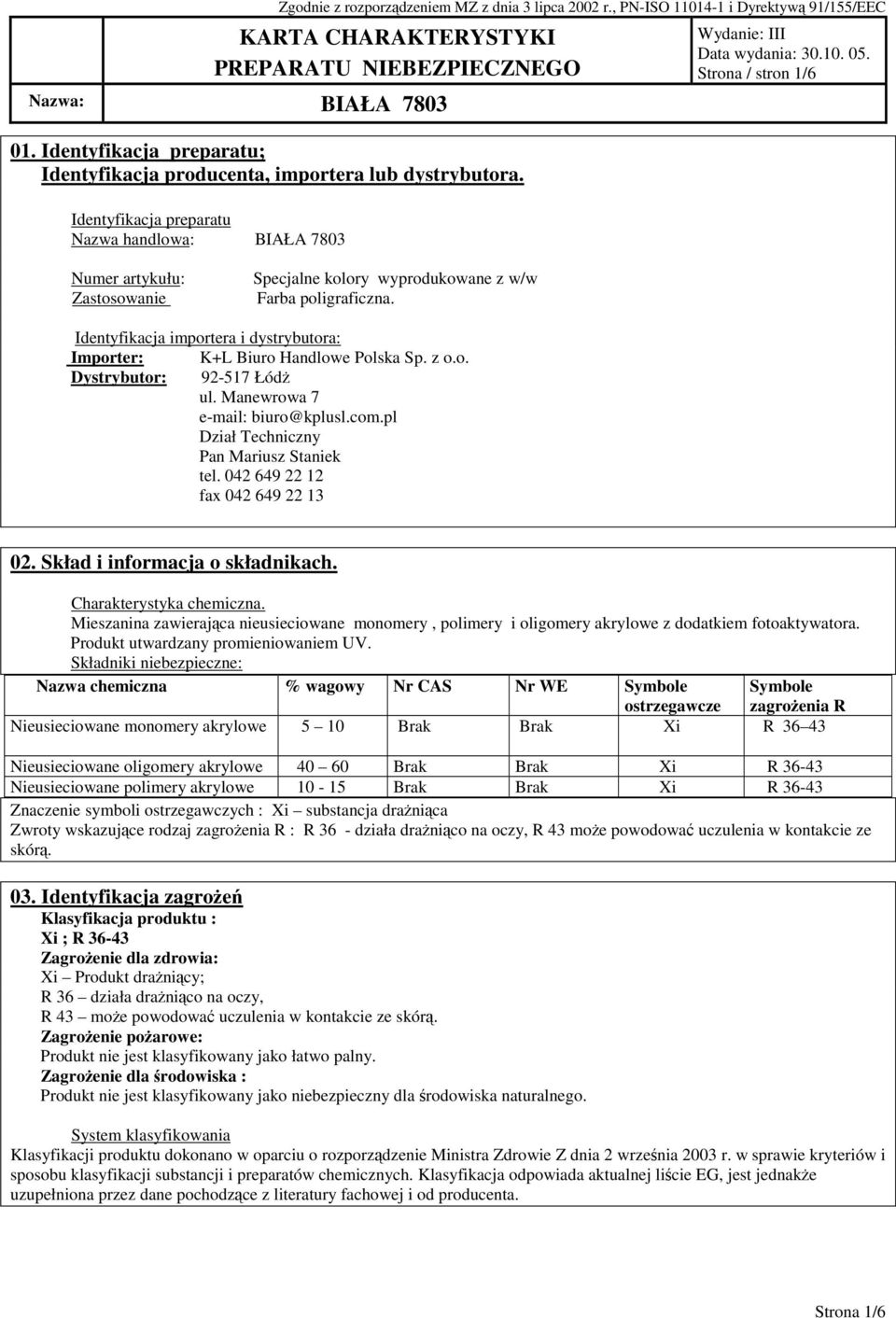 Identyfikacja importera i dystrybutora: Importer: K+L Biuro Handlowe Polska Sp. z o.o. Dystrybutor: 92-517 Łódż ul. Manewrowa 7 e-mail: biuro@kplusl.com.pl Dział Techniczny Pan Mariusz Staniek tel.