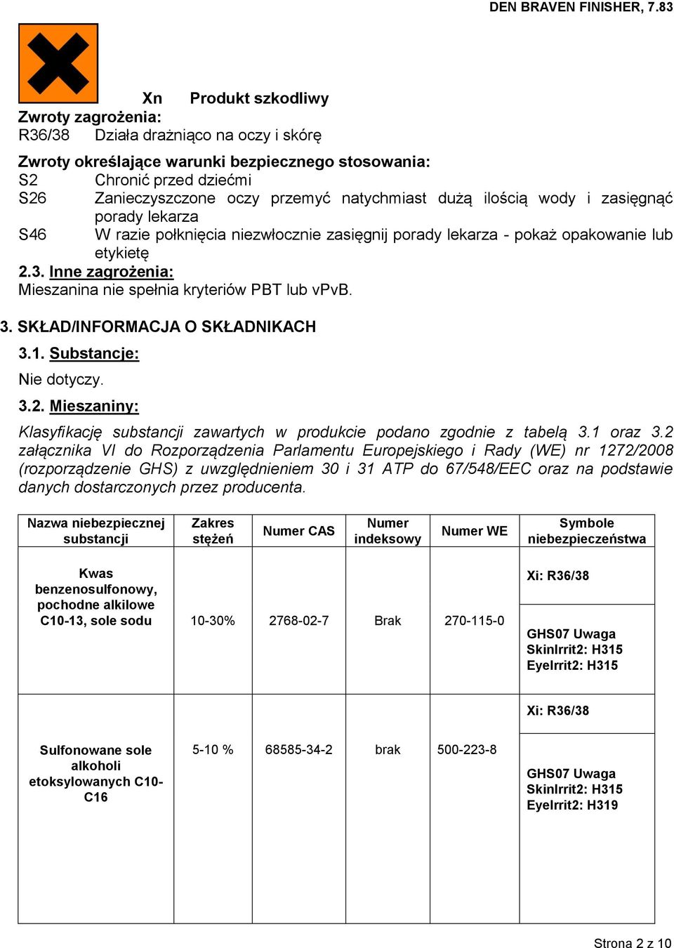 Inne zagrożenia: Mieszanina nie spełnia kryteriów PBT lub vpvb. 3. SKŁAD/INFORMACJA O SKŁADNIKACH 3.1. Substancje: Nie dotyczy. 3.2.
