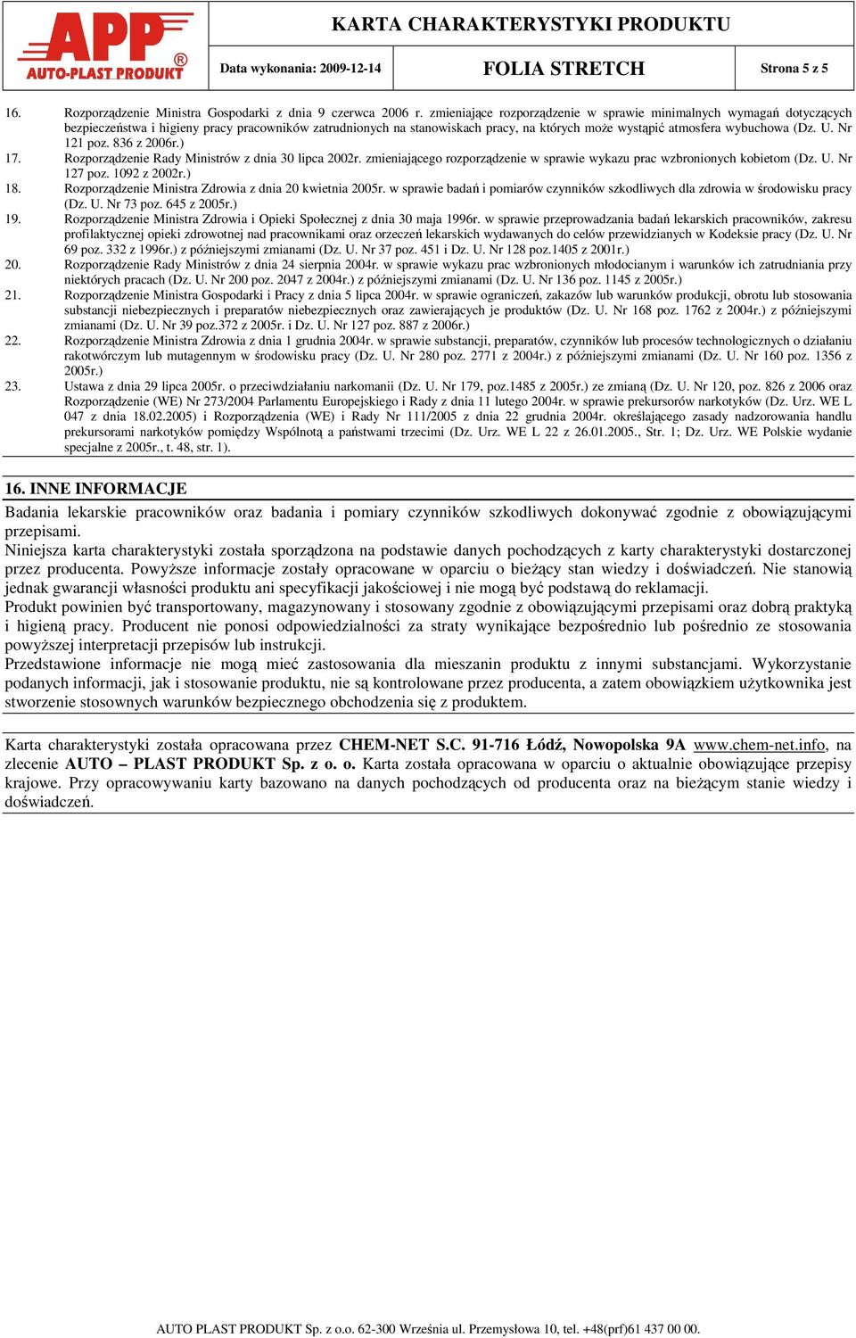 U. Nr 121 poz. 836 z 2006r.) 17. Rozporządzenie Rady Ministrów z dnia 30 lipca 2002r. zmieniającego rozporządzenie w sprawie wykazu prac wzbronionych kobietom (Dz. U. Nr 127 poz. 1092 z 2002r.) 18.