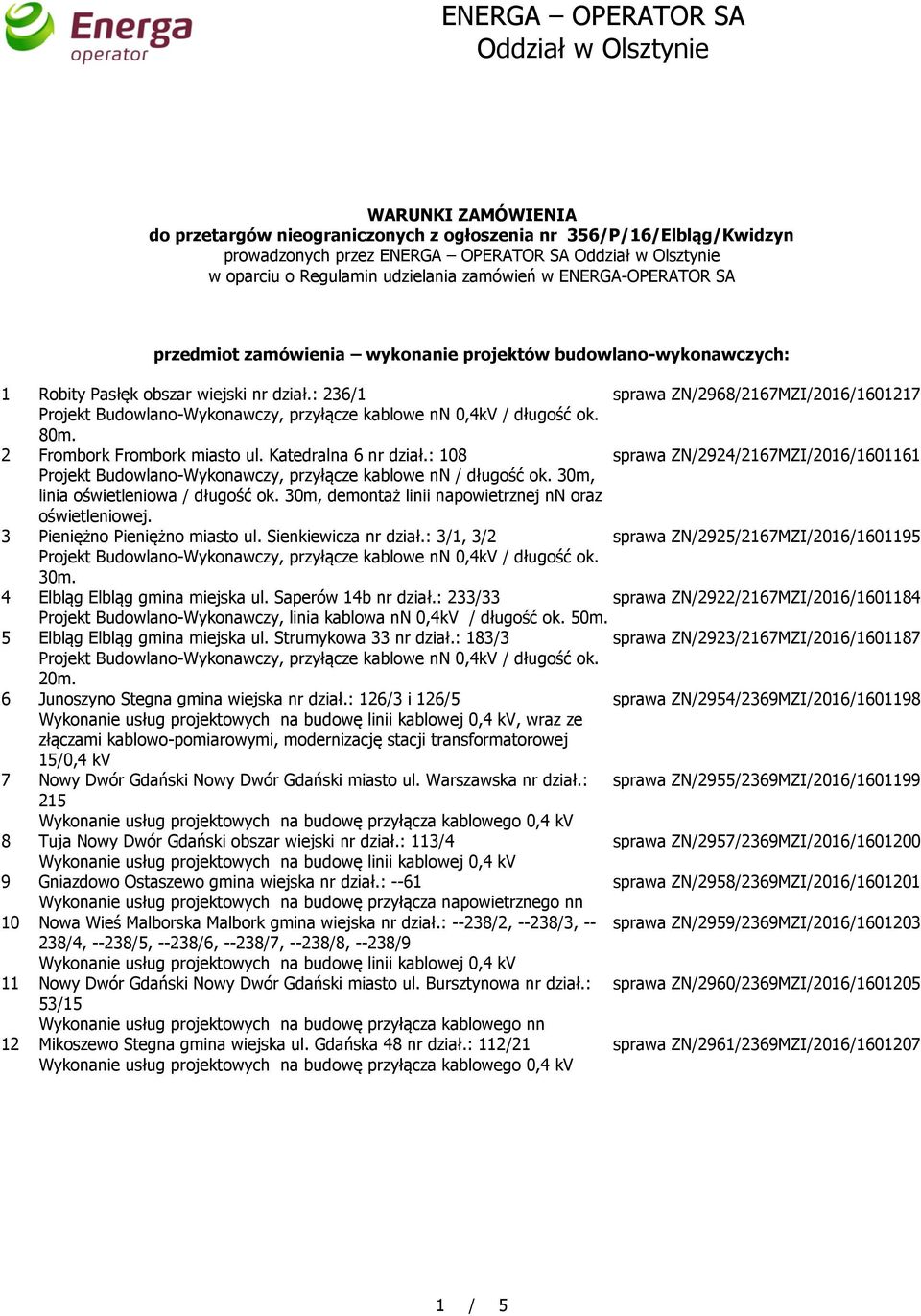 Katedralna 6 nr dział.: 108 sprawa ZN/2924/2167MZI/2016/1601161 Projekt Budowlano-Wykonawczy, przyłącze kablowe nn / długość ok. 30m, linia oświetleniowa / długość ok.