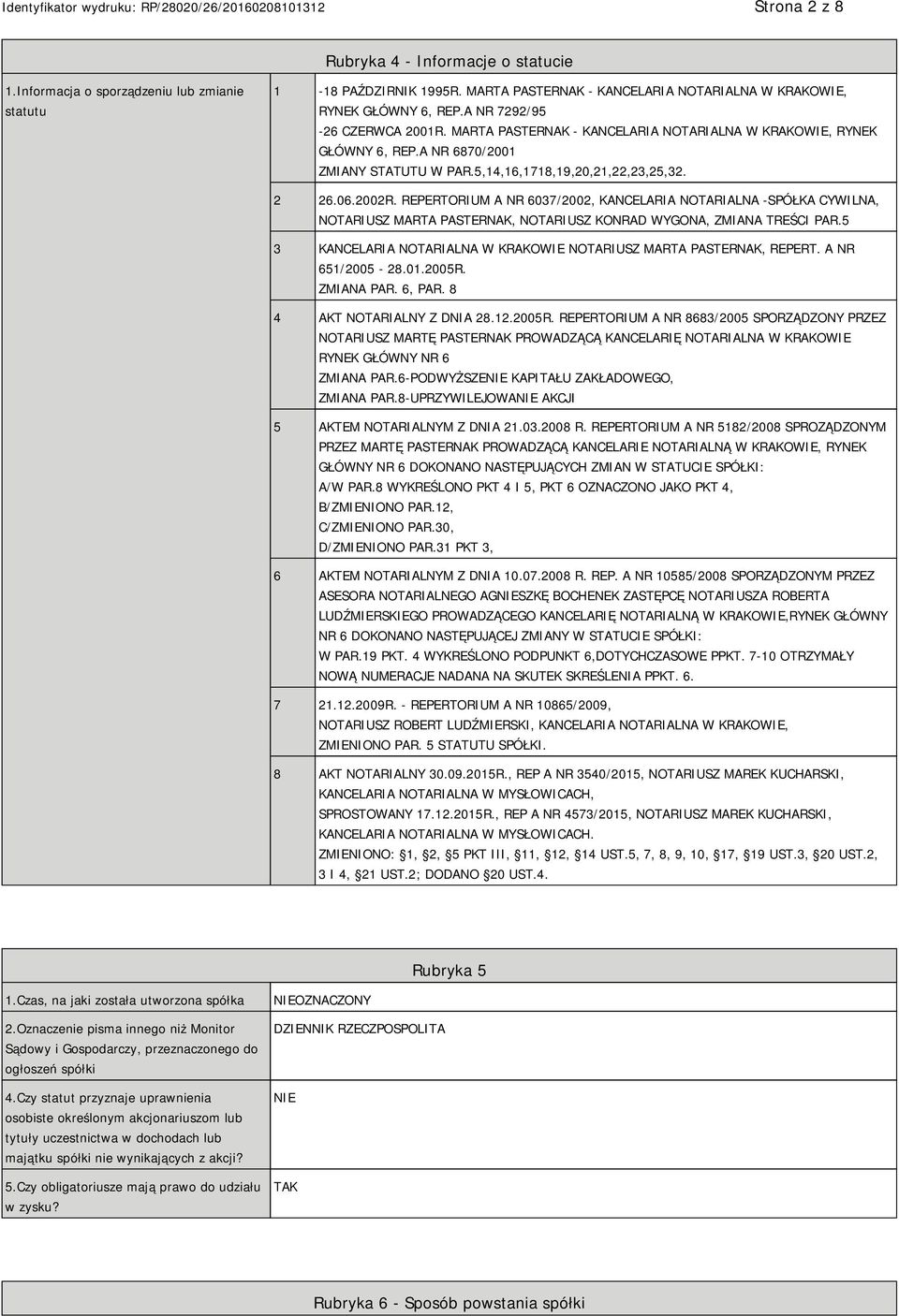 REPERTORIUM A NR 6037/2002, KANCELARIA NOTARIALNA -SPÓŁKA CYWILNA, NOTARIUSZ MARTA PASTERNAK, NOTARIUSZ KONRAD WYGONA, ZMIANA TREŚCI PAR.