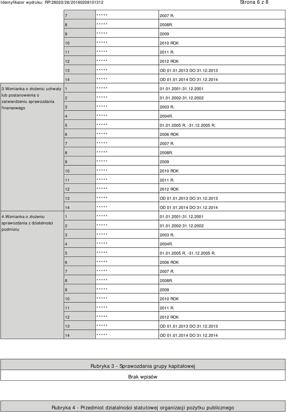 -31.12.2005 R. 6 ***** 2006 ROK 7 ***** 2007 R. 8 ***** 2008R. 9 ***** 2009 10 ***** 2010 ROK 11 ***** 2011 R. 12 ***** 2012 ROK 13 ***** OD 01.01.2013 DO 31.12.2013 14 ***** OD 01.01.2014 DO 31.12.2014 4.